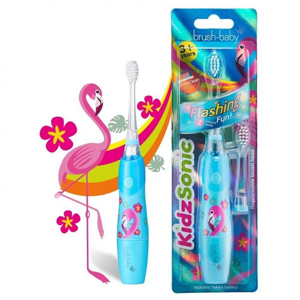 Електрична звукова зубна щітка Brush-Baby KidzSonic (3+) 2 насадки Фламінго